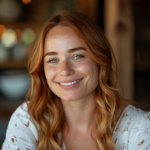 Femme souriante aux cheveux roux dans un café.